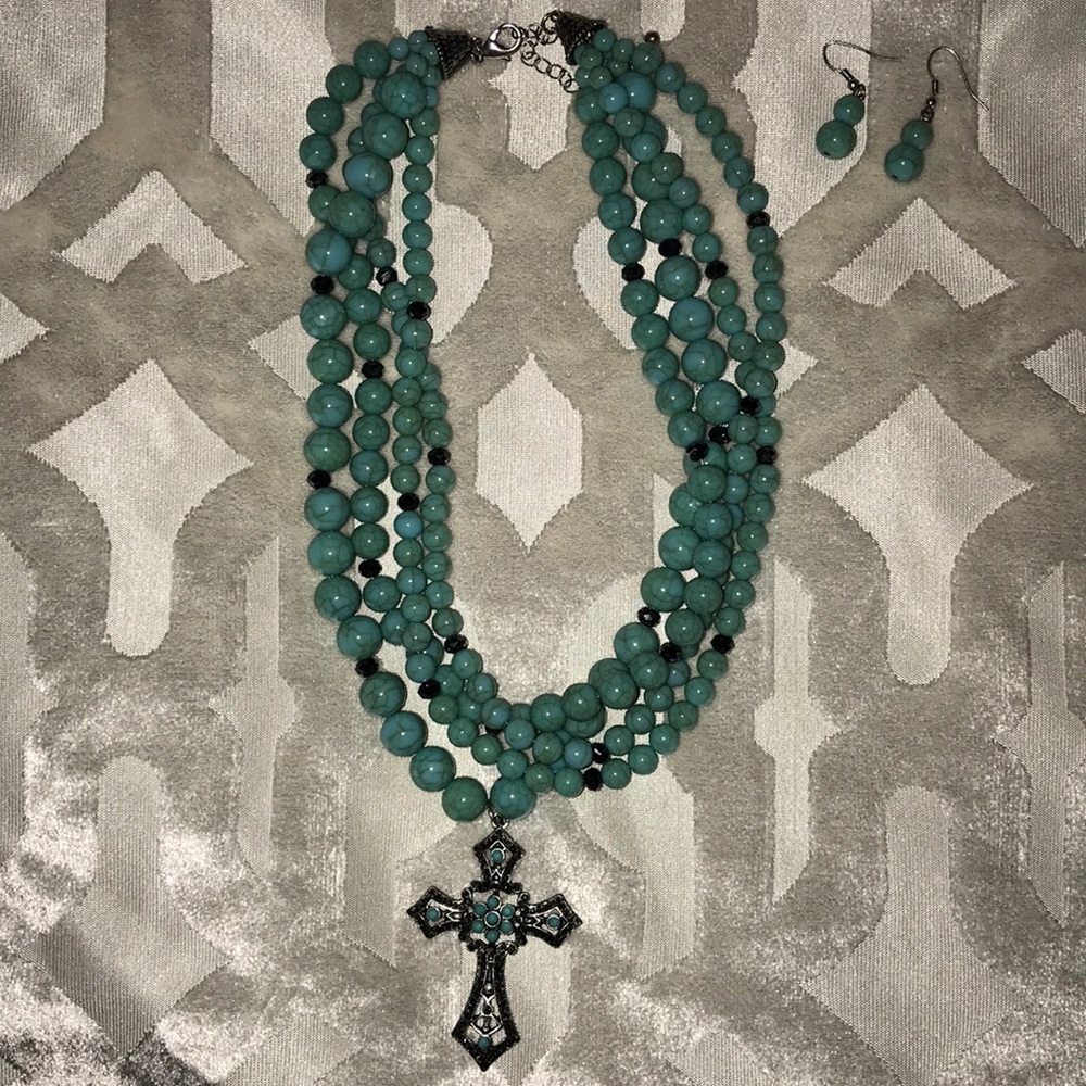 Multi Strand Turquoise Beaded Necklace with Cross
